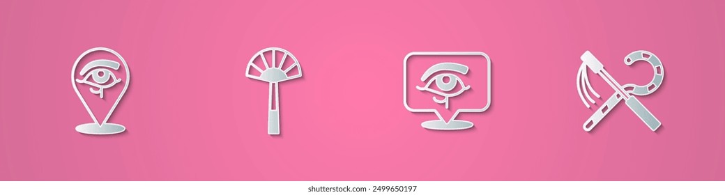 Set paper cut Eye of Horus, Egyptian fan,  and Crook and flail icon. Paper art style. Vector