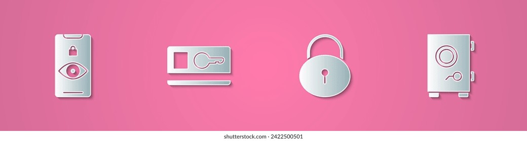 Set paper cut Eye scan, Key card, Lock and Safe icon. Paper art style. Vector