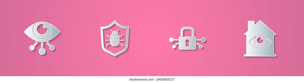 Set paper cut Eye scan, System bug, Cyber security and House with eye icon. Paper art style. Vector