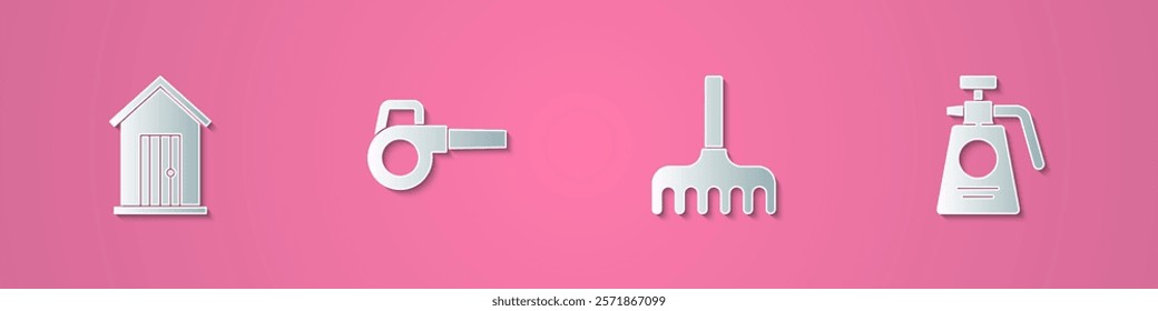 Set paper cut Farm house, Leaf garden blower, Garden rake and sprayer for fertilizer icon. Paper art style. Vector