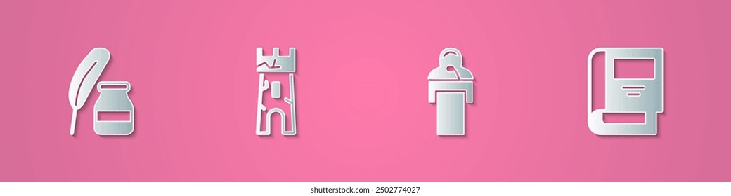 Set paper cut Feather and inkwell, Castle tower, Gives lecture and History book icon. Paper art style. Vector
