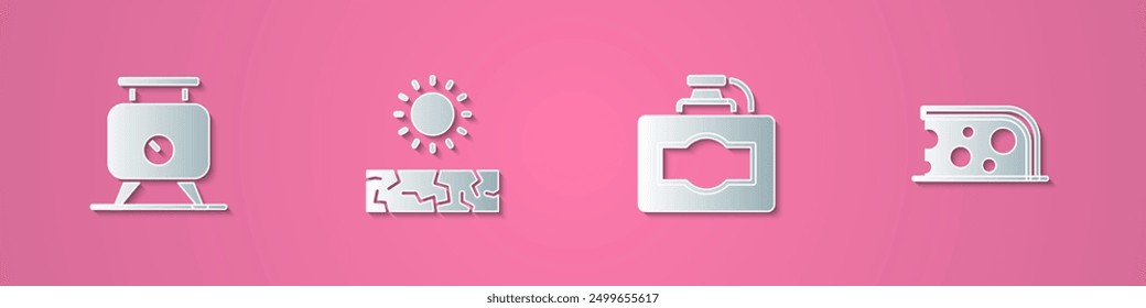 Set paper cut Fermentation of grapes, Drought, Cardboard box wine and Cheese icon. Paper art style. Vector