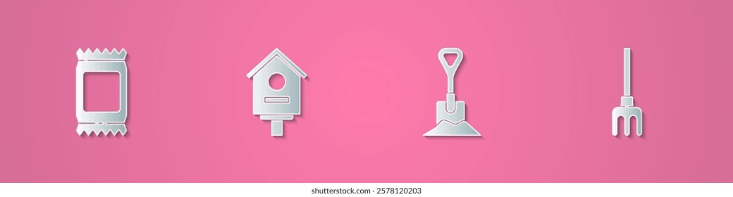 Set paper cut Fertilizer bag, Bird house, Shovel in the ground and Garden rake icon. Paper art style. Vector