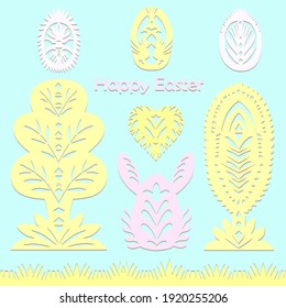 Set of paper cut festive symbols Holiday spring Easter signs egg, rabbit, heart, tree in pink, yellow, gray, blue colors. Traditional Belarusian, Polish paper clippings. Hand made. Vector illustration