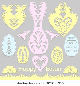 Set of paper cut festive symbols Holiday spring Easter signs egg, rabbit, heart, tree in pink, yellow, gray, blue colors. Traditional Belarusian, Polish paper clippings. Hand made. Vector illustration