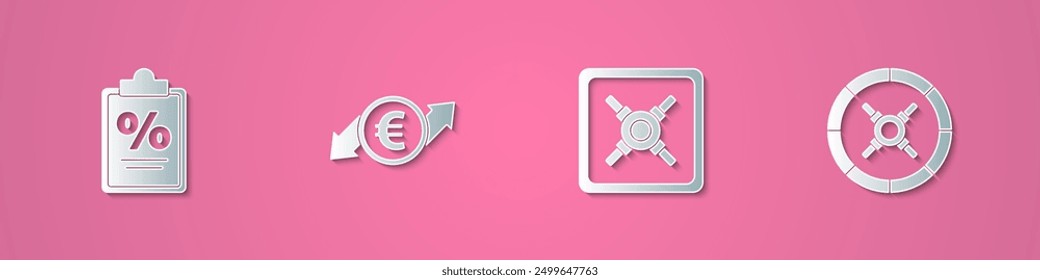 Set paper cut Documento financiero, Crecimiento financiero y moneda de euro, Seguro e icono. Estilo de arte de papel. Vector