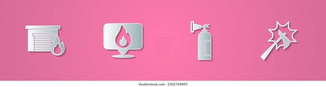 Set paper cut Fire in burning garage, Location with fire flame, extinguisher and Firefighter axe icon. Paper art style. Vector