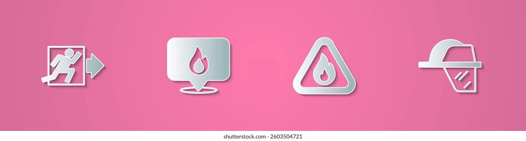 Set paper cut Fire exit, Location with fire flame, in triangle and Firefighter helmet icon. Paper art style. Vector
