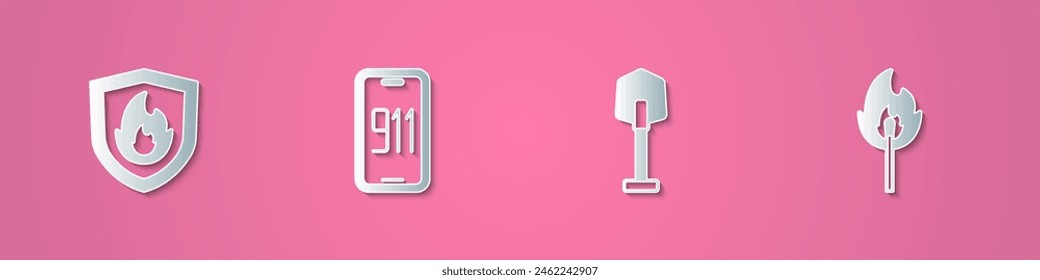 Set paper cut Fire protection shield, Mobile emergency call 911, shovel and Burning match with fire icon. Paper art style. Vector