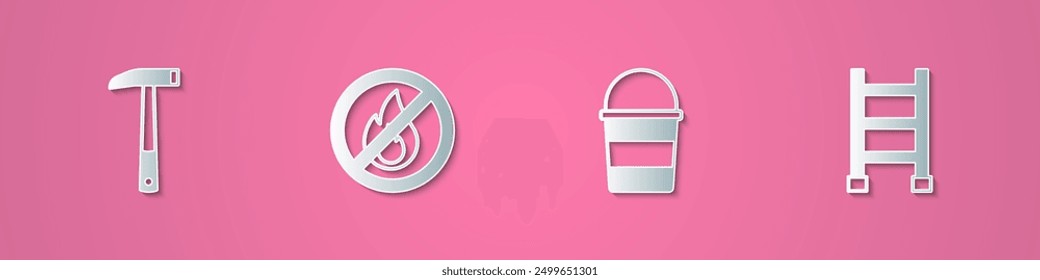 Set paper cut Firefighter axe, No fire, bucket and escape icon. Paper art style. Vector