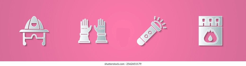 Set paper cut Firefighter helmet, gloves, Flashlight and Matchbox and matches icon. Paper art style. Vector