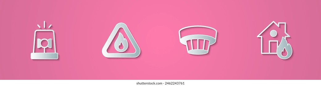 Set paper cut Flasher siren, Fire flame in triangle, Smoke alarm system and burning house icon. Paper art style. Vector