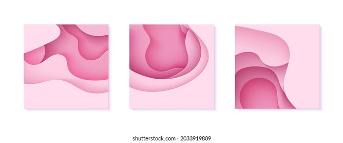 Set of paper cut flyers with waves and hole. Collection of pink 3d abstract banners with smooth wavy layers. Women's Breast Cancer Concept poster template in rose color. Female vector illustration.