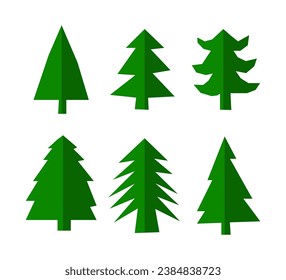 Set of paper cut folded green fir trees isolated on white background.