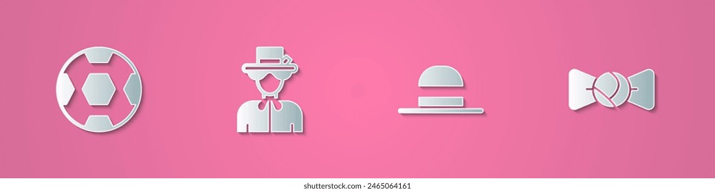Set paper cut Football ball, Queen Elizabeth, Elegant women hat and Bow tie icon. Paper art style. Vector
