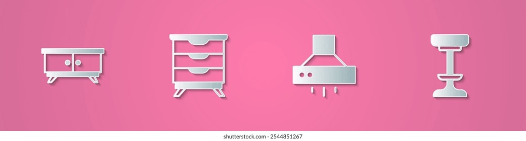 Set paper cut Furniture nightstand, Kitchen extractor fan and Chair icon. Paper art style. Vector
