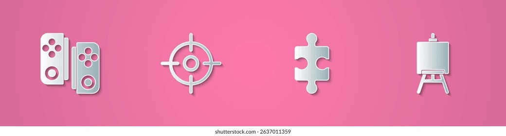 Set paper cut Gamepad, Target sport, Piece of puzzle and Easel painting art boards icon. Paper art style. Vector