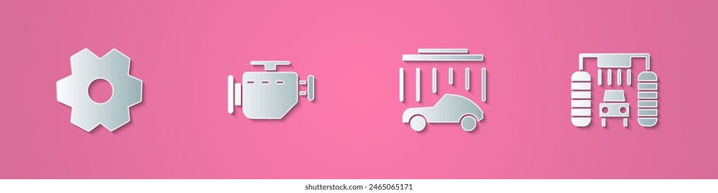 Set paper cut Gear, Check engine, Car wash and  icon. Paper art style. Vector
