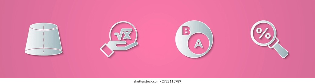 Set paper cut Geometric figure, Square root of x glyph, Subsets, math, is subset b and Magnifying glass with percent icon. Paper art style. Vector