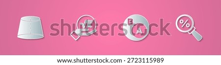 Set paper cut Geometric figure, Square root of x glyph, Subsets, math, is subset b and Magnifying glass with percent icon. Paper art style. Vector