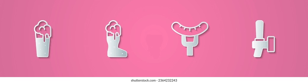 Set paper cut Glass of beer, Boot glass, Sausage on the fork and Beer tap icon. Paper art style. Vector