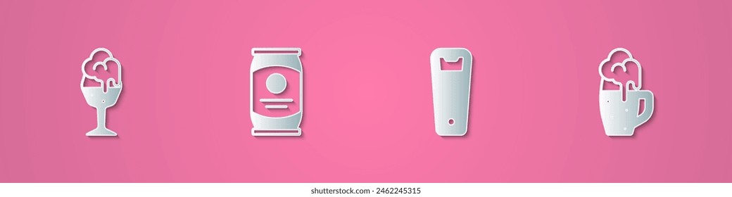 Set paper cut Glass of beer, Beer can, Bottle opener and  icon. Paper art style. Vector