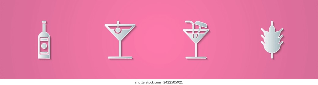 Set paper cut Glass bottle of vodka, Martini glass, Cocktail and Hop icon. Paper art style. Vector