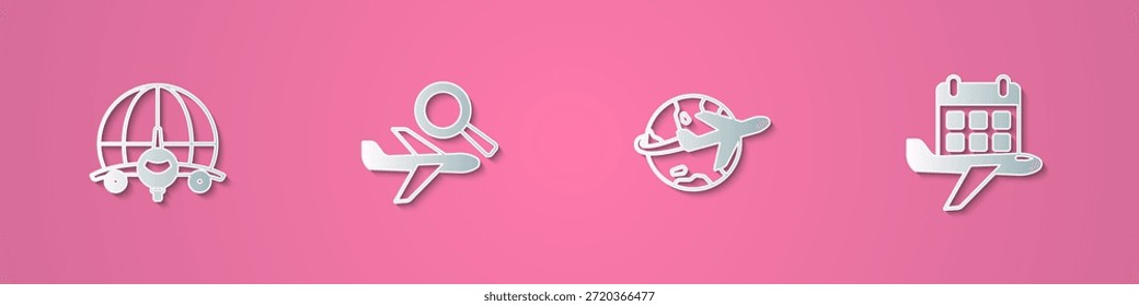 Establezca el globo de corte de papel con el avión volador, la búsqueda del avión y el icono del calendario y del avión. Estilo de arte de papel. Vector