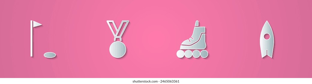 Set paper cut Golf flag, Medal, Roller skate and Surfboard icon. Paper art style. Vector