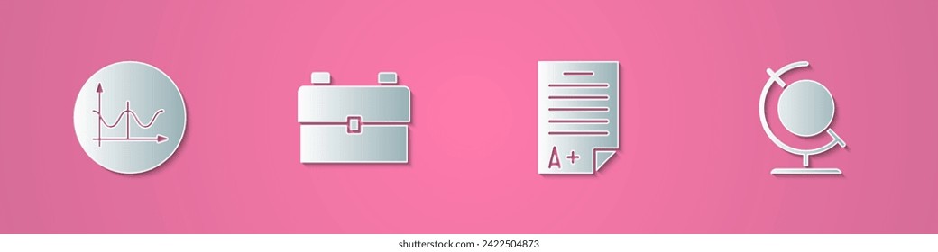 Establecer el gráfico de corte de papel, el programa, el gráfico, el diagrama, la mochila de la escuela, la hoja de examen con un grado más e icono del globo terrestre. Estilo de arte de papel. Vector