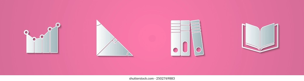 Establecer el corte de papel Gráfico, horario, gráfico, diagrama, ángulo bisector de triángulo, carpetas de Office e icono de libro abierto. Estilo de arte de papel. Vector