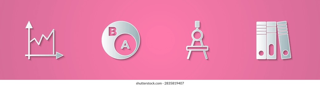 Set paper cut Graph, schedule, chart, diagram, Subsets, math, is subset of b, Drawing compass and Office folders icon. Paper art style. Vector