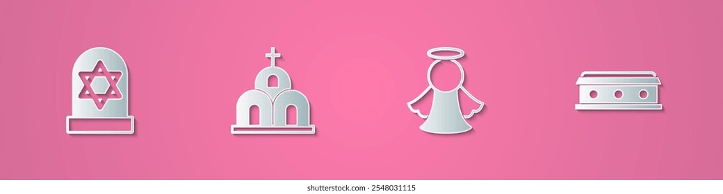 Set paper cut Grave with star of david, Church building, Angel and Coffin cross icon. Paper art style. Vector