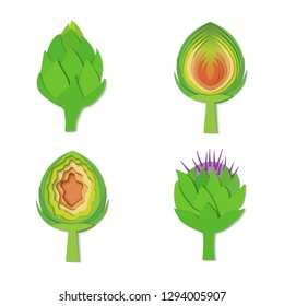 Set of paper cut green artichokes. Vector paper craft design in the form of ripe artichoke whole and slice. Vector illustration. Paper applique art style vegetable. Origami concept