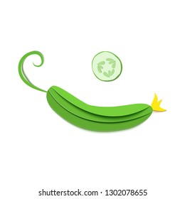 Set of paper cut green cucumber. Vector paper craft design in the form of ripe cucumber whole and slice. Vector illustration. Paper applique art style vegetable. Origami concept.