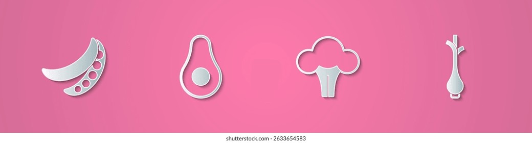 Set paper cut Green peas, Avocado fruit, Broccoli and Fresh green onions icon. Paper art style. Vector