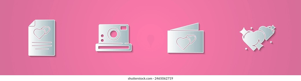 Establecer tarjeta de felicitación de corte de papel, cámara de fotos, y dos corazones vinculados icono. Estilo de arte de papel. Vector