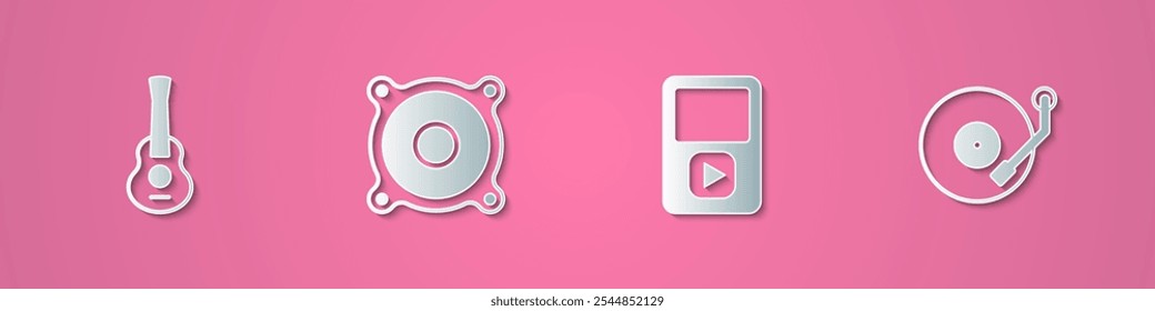 Set paper cut Guitar, Stereo speaker, Music player and Vinyl icon. Paper art style. Vector