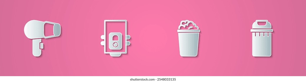 Set paper cut Hair dryer, Gas boiler, Bucket with soap suds and Trash can icon. Paper art style. Vector