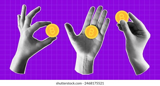 Set of paper cut halftone hands holding bitcoin coins. Banner on a financial theme, money, cryptocurrency. Concept of payment and financial planning, savings.