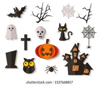 Set of paper cut Halloween icons, black cat and spider with web, cemetery with cross and hat. Scary house and a ghost, skull and owl, bat and pumpkin. Isolated flat paper illustration for halloween.