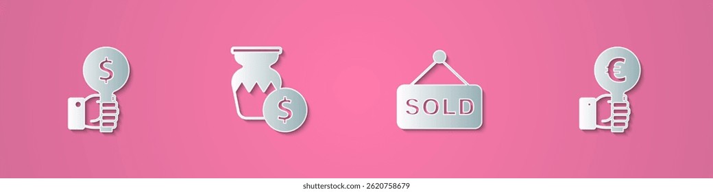 Set paper cut Hand holding auction paddle, Auction ancient vase, sold and  icon. Paper art style. Vector