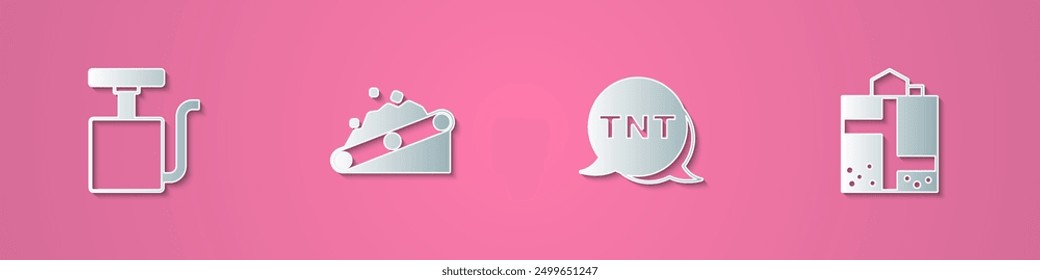 Set detonador de mango de corte de papel, cinta transportadora que lleva carbón, dinamita e icono de entrada de mina. Estilo de arte de papel. Vector