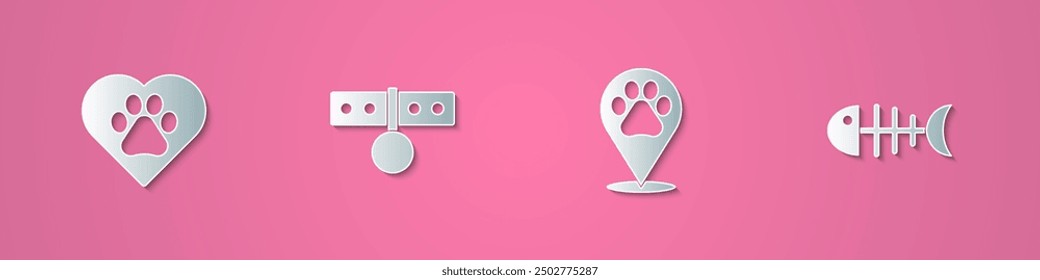 Set paper cut Heart with animals footprint, Collar name tag, Location veterinary and Fish skeleton icon. Paper art style. Vector