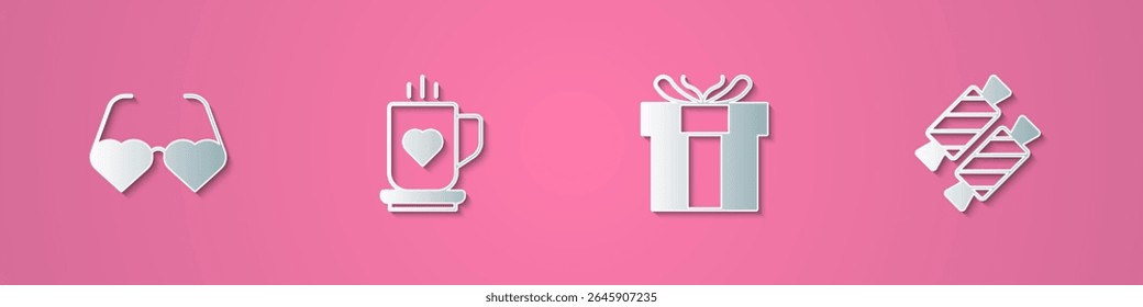Set paper cut Heart shaped love glasses, Coffee cup and heart, Gift box and Candy icon. Paper art style. Vector