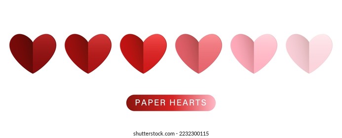 Set of paper cut hearts in dark red to light pink gradient colors.