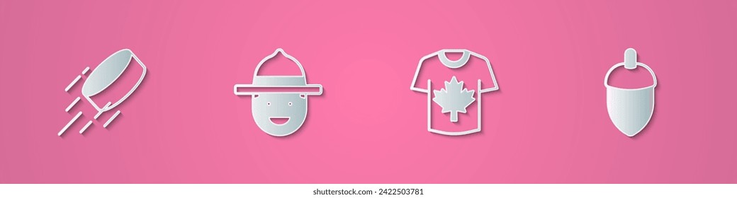 Set paper cut Hockey puck, Canadian ranger hat, jersey and Acorn icon. Paper art style. Vector