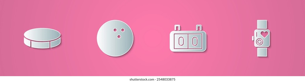 Set de papel cortado disco de hockey, bola de bolos, marcador mecánico deportivo y reloj inteligente que muestra el icono de ritmo cardíaco. Estilo de arte de papel. Vector