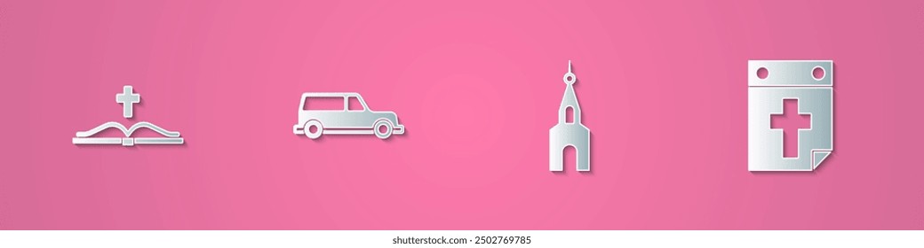 Set paper cut Holy bible book, Hearse car, Church building and Calendar death icon. Paper art style. Vector
