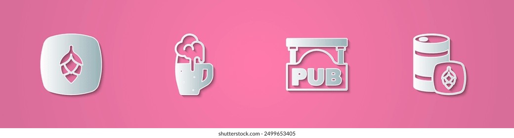 Set paper cut Hop, Glass of beer, Street signboard with Pub and Metal keg icon. Paper art style. Vector